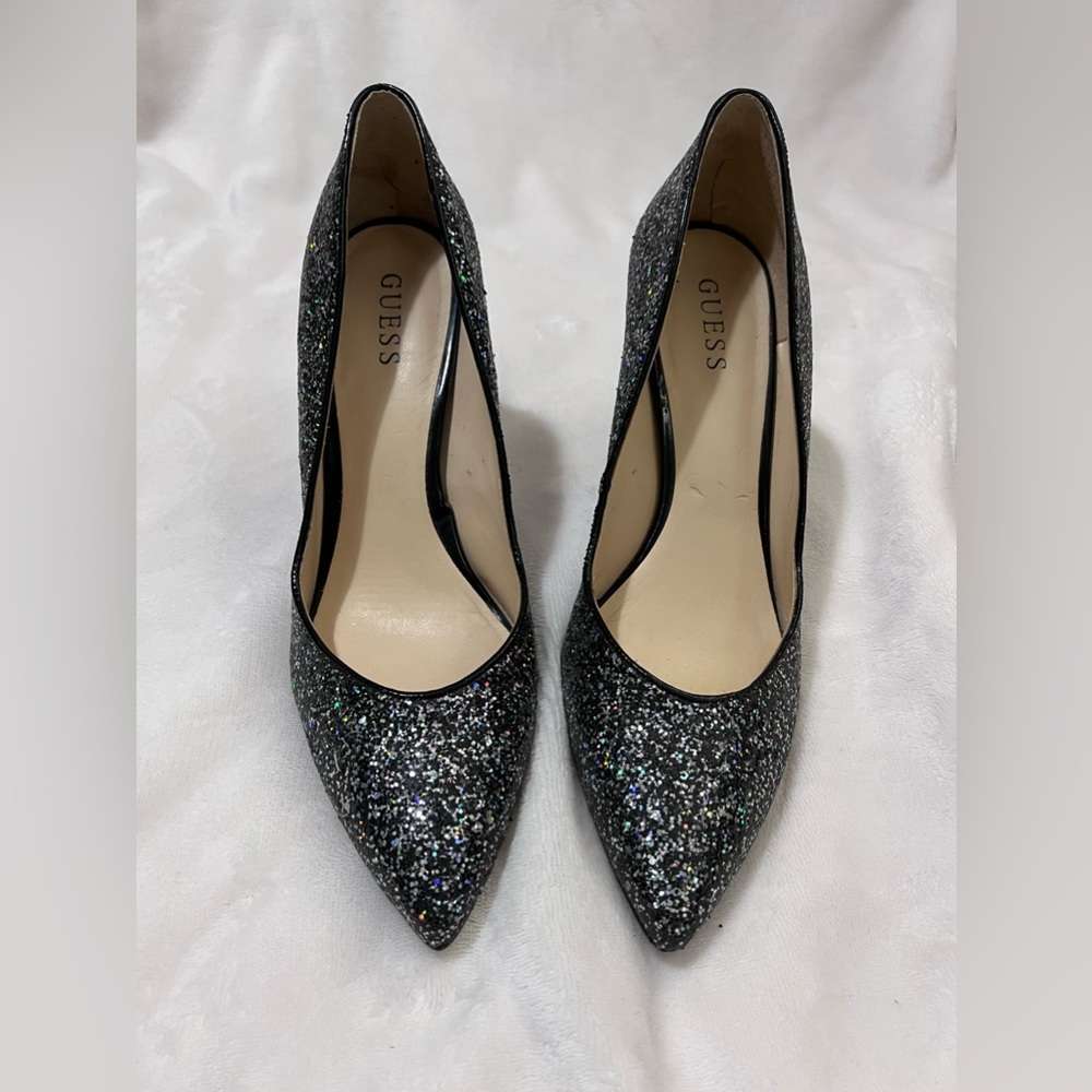Black iridescent sparkly pointed heels